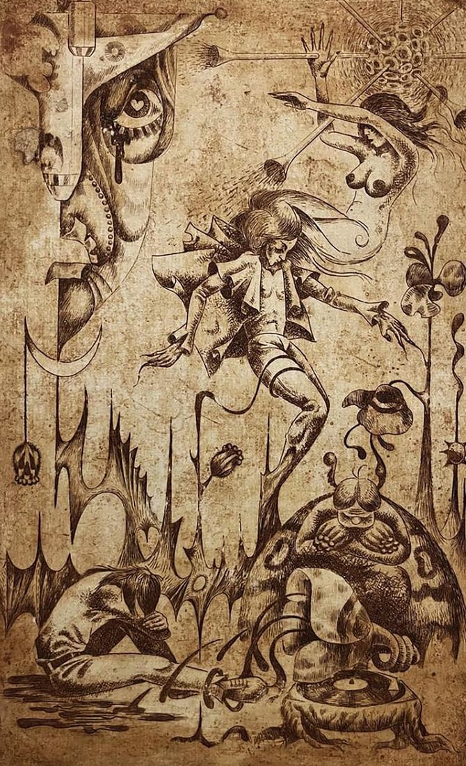 Etching painting Falling into the sky Oleksandr Zhmailo: Title: Etching painting Falling into the sky Oleksandr Zhmailo Description: No.Galler 324*** ABOUT THIS PAINTING **** TITLE: "Falling into the sky"* ARTISTS: Oleksandr Zhmailo* SIZE: 23x36 cm/9.05x14.