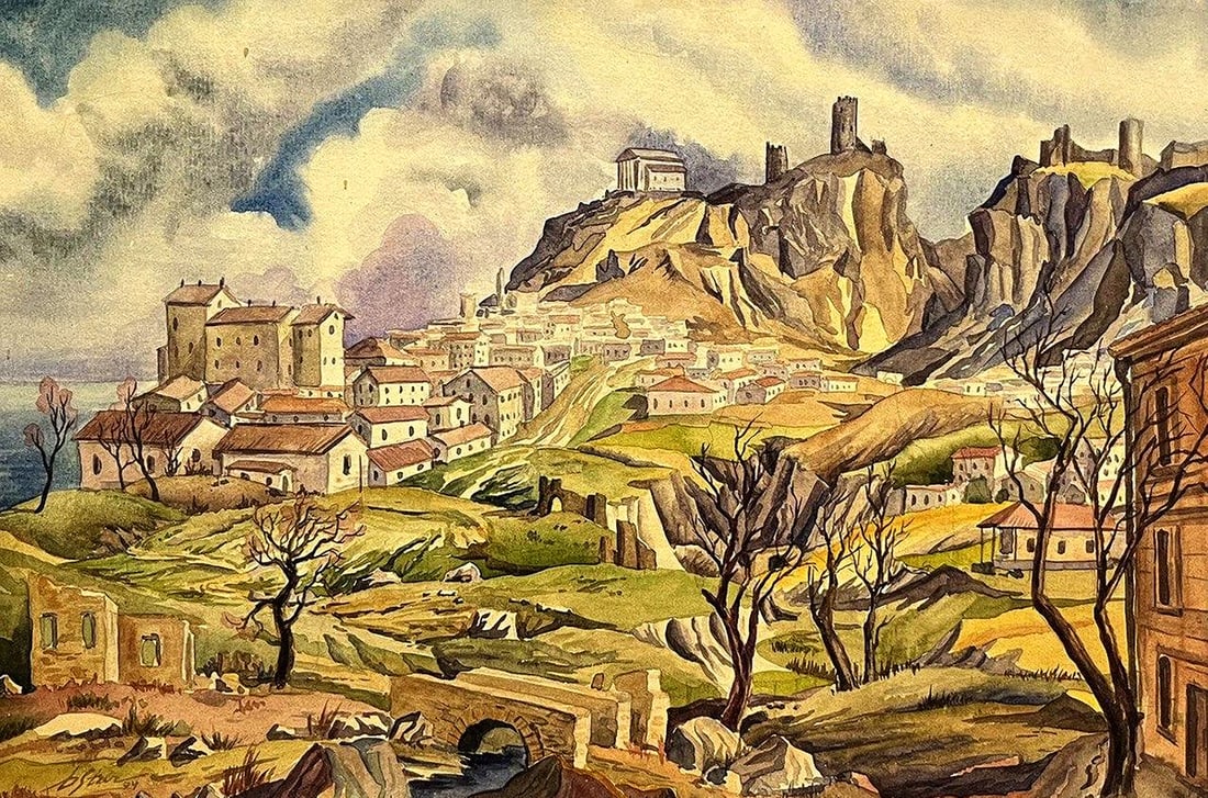 Watercolor painting City in the mountains Dmytro Startsev: Title: Watercolor painting City in the mountains Dmytro Startsev Description: No.Galler 374*** ABOUT THIS PAINTING **** TITLE: "City in the mountains"* ARTISTS: Dmytro Startsev* SIZE: 23x34 cm/9.05x13