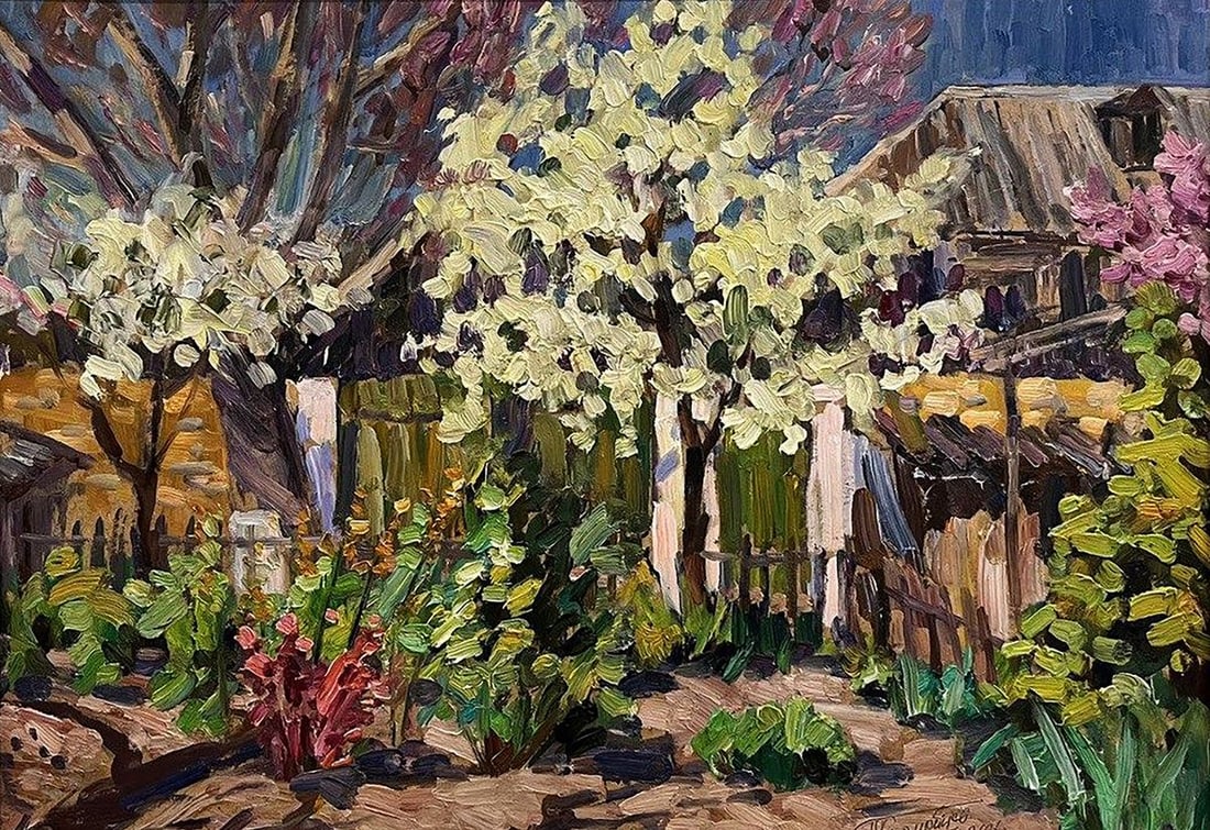 Oil painting Wild pear blossoms in the yard Petro Kolomoytsev: Title: Oil painting Wild pear blossoms in the yard Petro Kolomoytsev Description: No.Galler 394*** ABOUT THIS PAINTING **** TITLE: "Wild pear blossoms in the yard"* ARTISTS: Petro Kolomoytsev* SIZE: 5