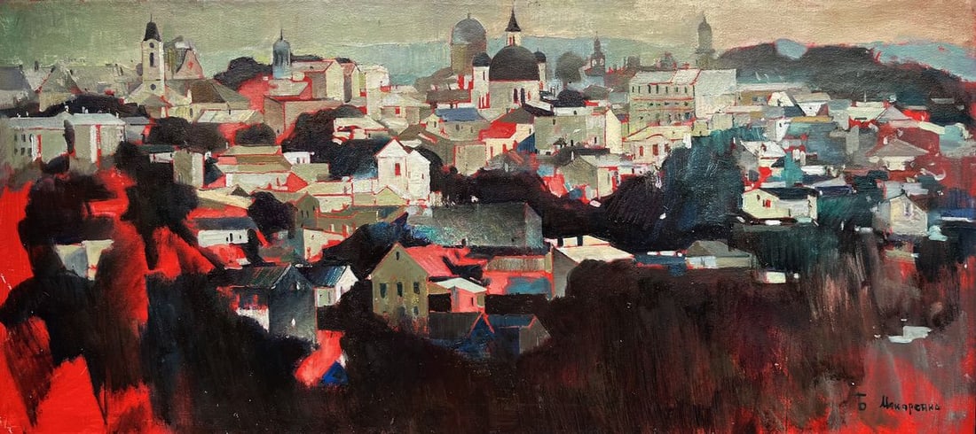 Oil painting Panorama of Chernivtsi Bohdan Makarenko: Title: Oil painting Panorama of Chernivtsi Bohdan Makarenko Description: No.Galler 400*** ABOUT THIS PAINTING **** TITLE: "Panorama of Chernivtsi"* ARTISTS: Bohdan Makarenko* SIZE: 50x110