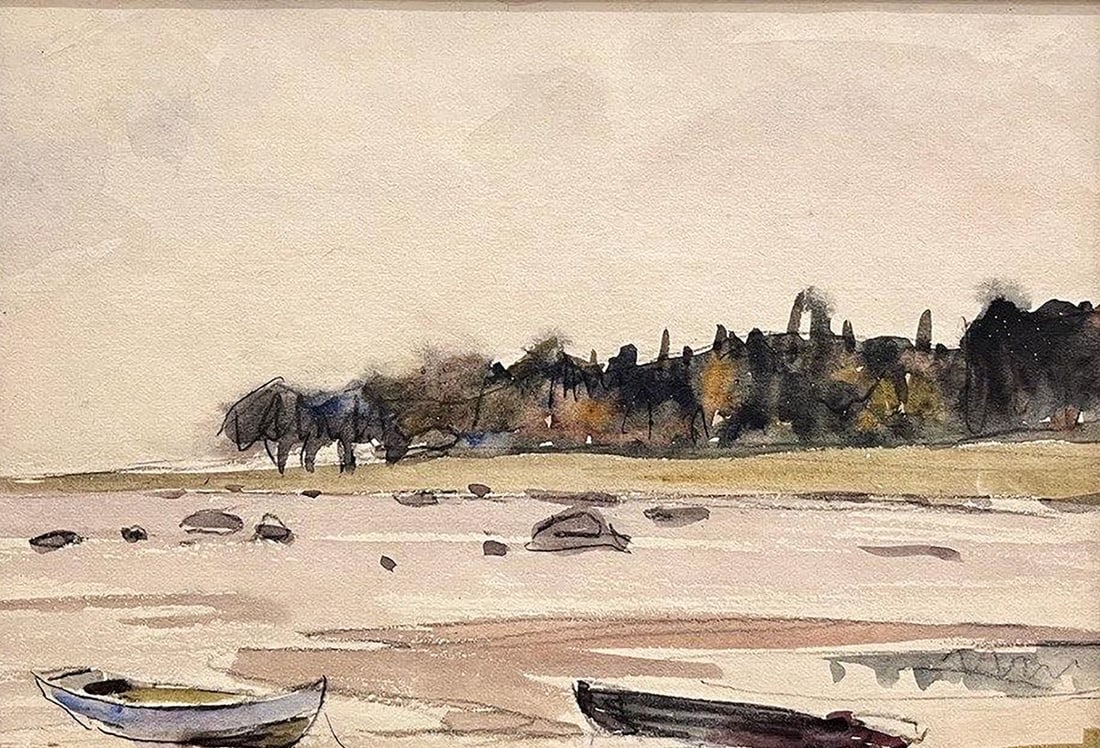 Gouache painting Boats on the shore Unknown artist (1 of 8)