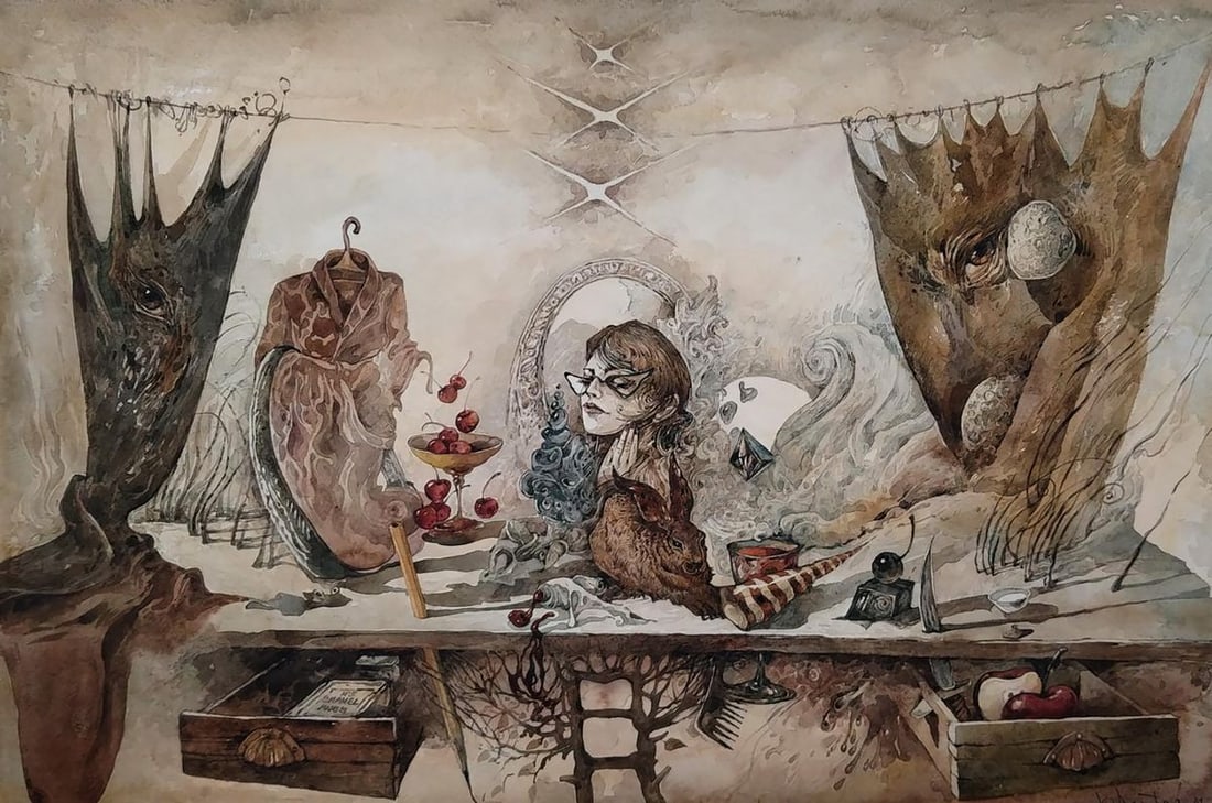 Watercolor painting Tik Tok with Dürer's Rabbit Yuriy Laptev: Title: Watercolor painting Tik Tok with Dürer's Rabbit Yuriy Laptev Description: No.Galler 77*** ABOUT THIS PAINTING **** TITLE: "Tik Tok with Dürer's Rabbit"* ARTISTS: Yuriy Laptev* SIZE: 42x59.5 c