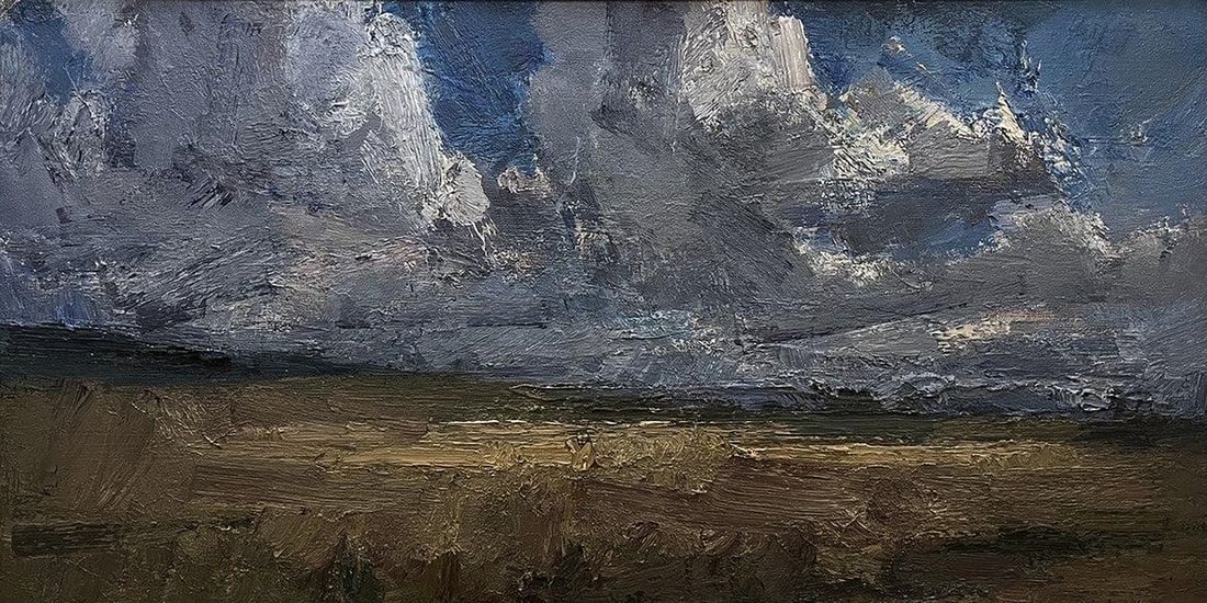 Oil painting Clouds over the field Arsen Rustamov: Title: Oil painting Clouds over the field Arsen Rustamov Description: No.Galler 96*** ABOUT THIS PAINTING **** TITLE: "Clouds over the field"* ARTISTS: Arsen Rustamov* SIZE: 38x73 cm/14.96x28.74 inche