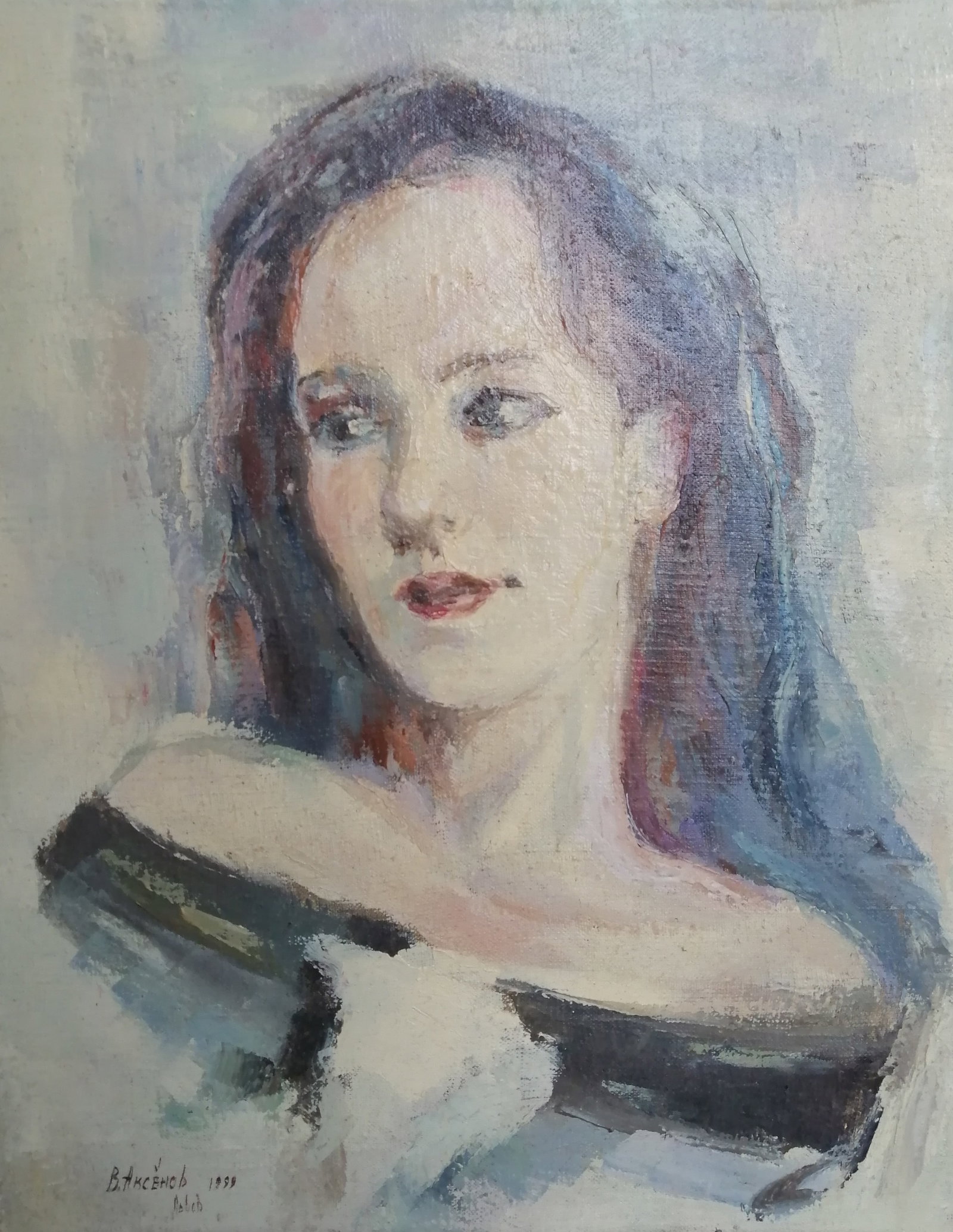 Oil painting Woman portrait Vadim Os'onov: Title: Oil painting Woman portrait Vadim Os'onov Description: 51AXE Painter: Os'onov Vadim S?ze: 50x40 cm/19.6x15.7 inch Components: oil, canvas Original painting CONDITION: exellent ERA: 1999 Vadim O