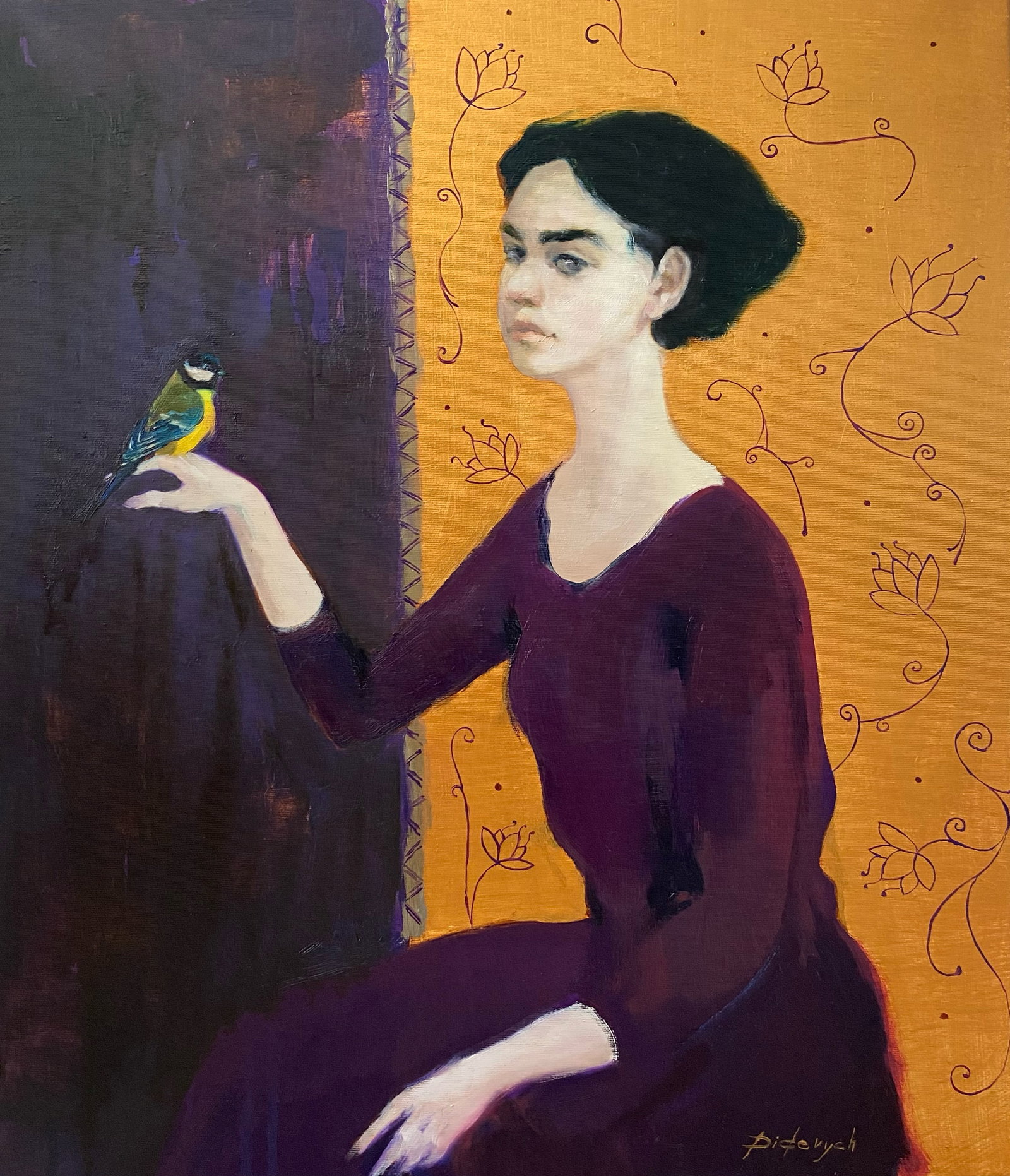Oil painting Woman with bird Yulia D.: Title: Oil painting Woman with bird Yulia D. Description: 17YD Painter: Yulia D. S?ze: 70x60 cm/27.55x23.62 inches Components: oil, canvas Original painting from our collection ERA: 2025 Short informa