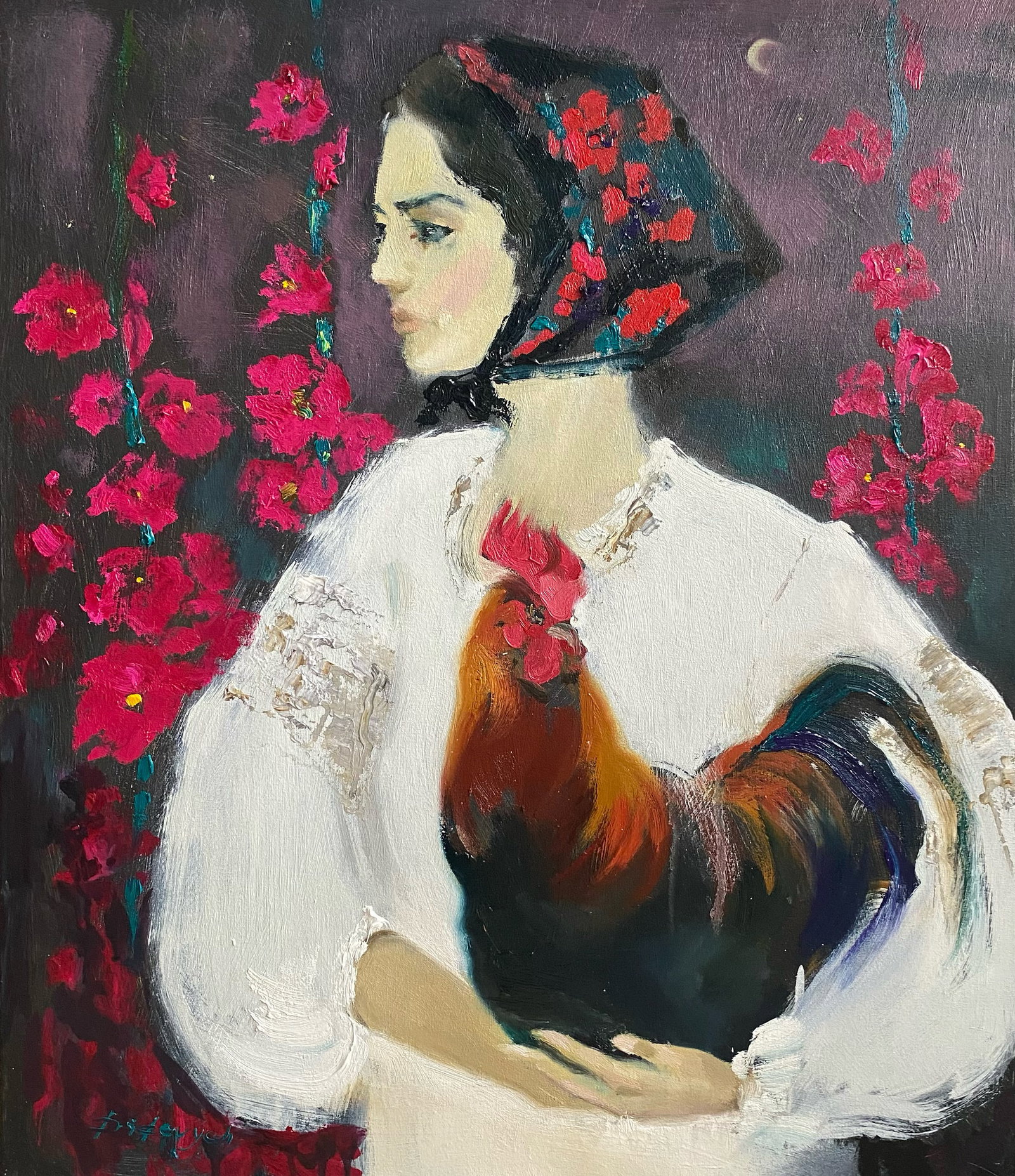 Oil painting Portait with Hen Yulia D.: Title: Oil painting Portait with Hen Yulia D. Description: 44YD Painter: Yulia D. S?ze: 70x60 cm/27.55x23.62 inches Components: oil, canvas Original painting from our collection ERA: 2025 Short inform