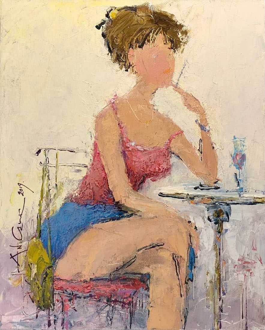 Oil painting Parisienne Andrii G.: Title: Oil painting Parisienne Andrii G. Description: 24Guk Painter: Andrii G. S?ze: 27x22 cm/ 10.62x8.66 inches Components: oil, canvas Original painting CONDITION: exellent ERA:2019 ARTIST: In