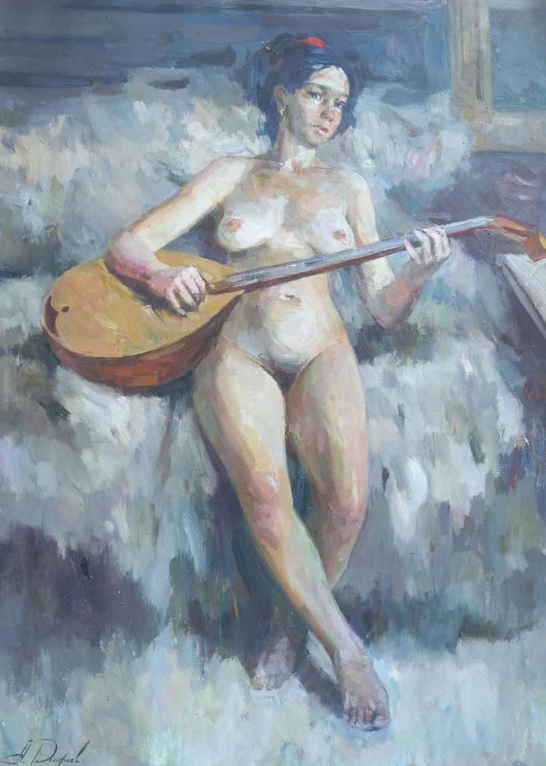 Oil painting Figure with domra Alex Ditriev: Title: Oil painting Figure with domra Alex Ditriev Description: 389AD Painter: Alex Ditriev S?ze: 100x75 cm/ 39.37x29.52 inches Components: oil, canvas Original painting from our collection ERA: Short