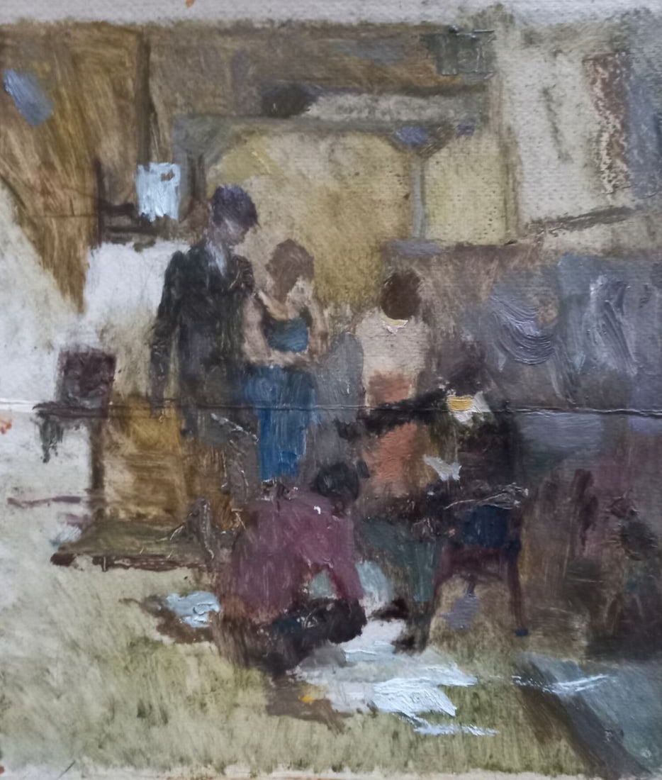 Oil painting In a workshop Alex Ditriev: Title: Oil painting In a workshop Alex Ditriev Description: 401AD Painter: Alex Ditriev S?ze: 31x35 cm/ 12.20x13.78 inches Components: oil, cardboard Original painting from our collection ERA: Short i
