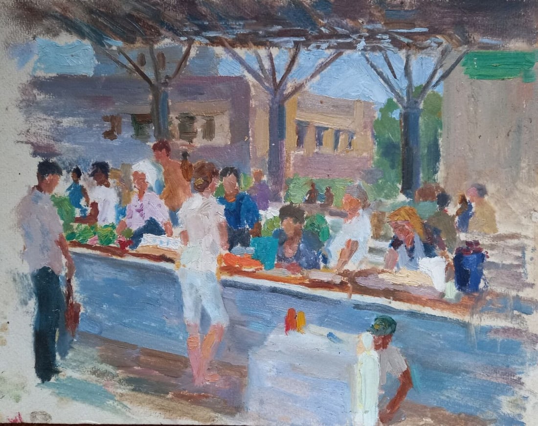 Oil painting Market Alex Ditriev: Title: Oil painting Market Alex Ditriev Description: 421AD Painter: Alex Ditriev S?ze: 40x30 cm/ 15.75x11.81 inches Components: oil, cardboard Original painting from our collection ERA: Short informat
