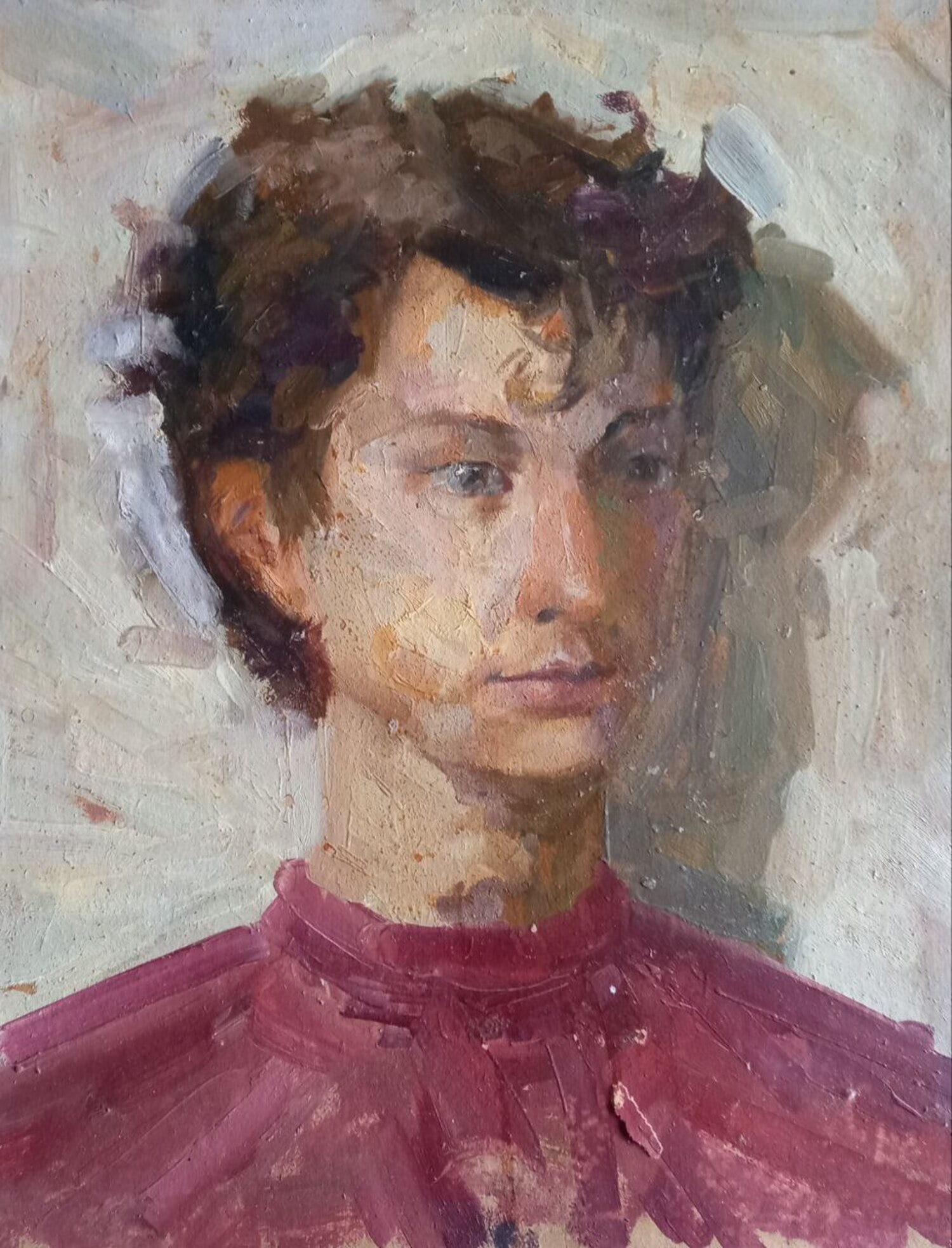 Oil painting Sashka Alex Ditriev: Title: Oil painting Sashka Alex Ditriev Description: 493AD Painter: Alex Ditriev S?ze:50x40 cm/ 19.68x15.75 inches Components: oil, cardboard Original painting from our collection ERA: Short