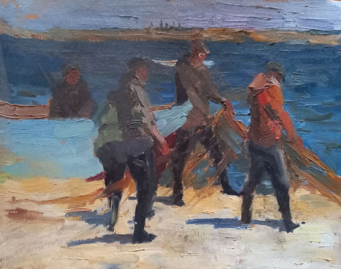 Oil painting Fishermen Alex Ditriev: Title: Oil painting Fishermen Alex Ditriev Description: 534AD Painter: Alex Ditriev S?ze:30x40 cm/ 11.81x15.75 inches Components: oil, cardboard Original painting from our collection ERA: Short inform