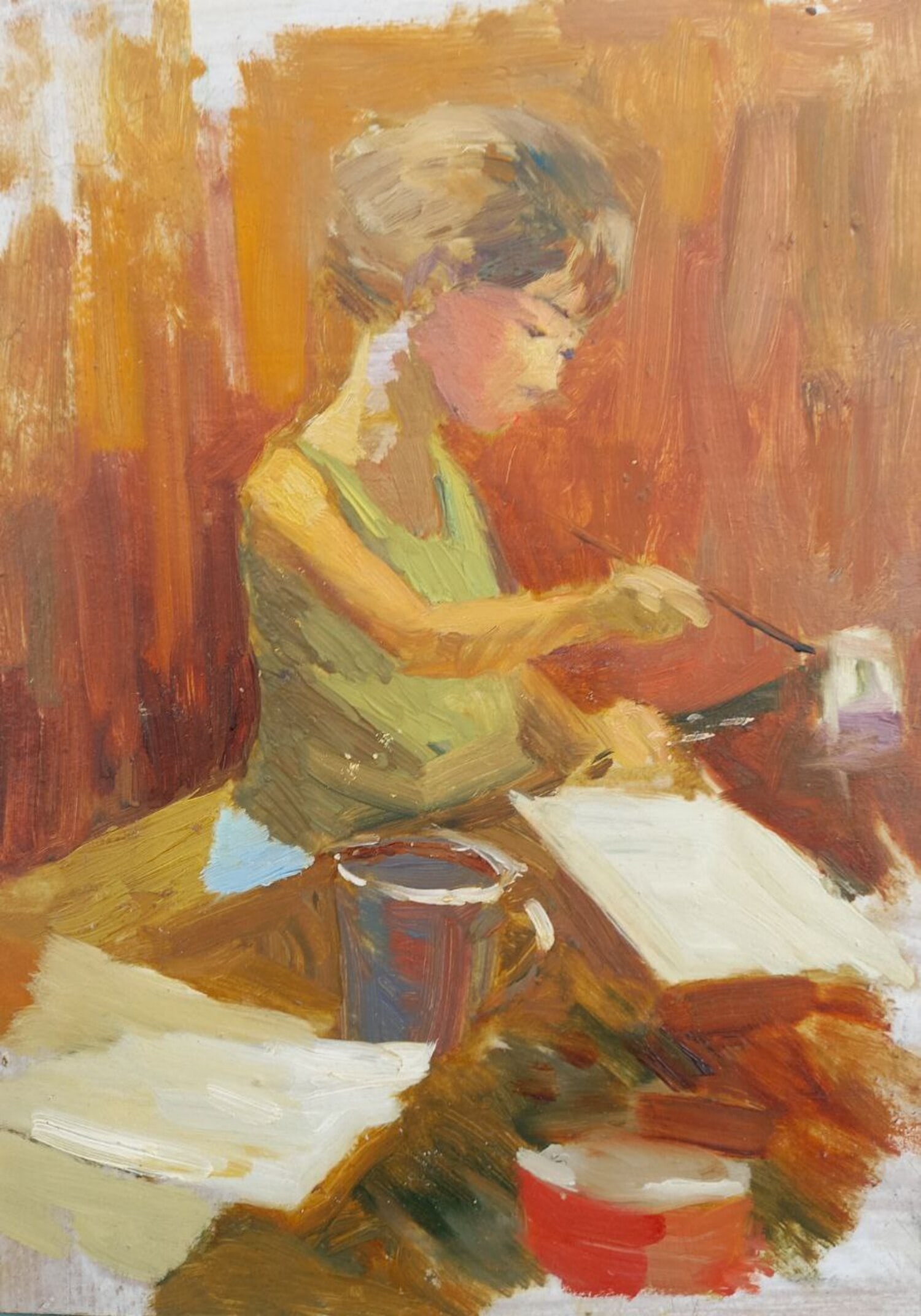 Oil painting Young artist Alex Ditriev: Title: Oil painting Young artist Alex Ditriev Description: 573AD Painter: Alex Ditriev S?ze:28x20 cm/ 11.02x7.87 inches Components: oil, cardboard Original painting from our collection ERA: Short info