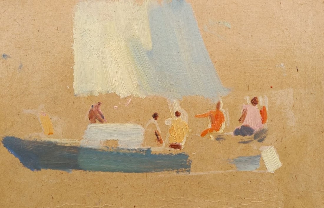 Oil painting On a yacht Alex Ditriev: Title: Oil painting On a yacht Alex Ditriev Description: 589AD Painter: Alex Ditriev S?ze:20x30 cm/ 7.87x11.81 inches Components: oil, cardboard Original painting from our collection ERA: Short inform