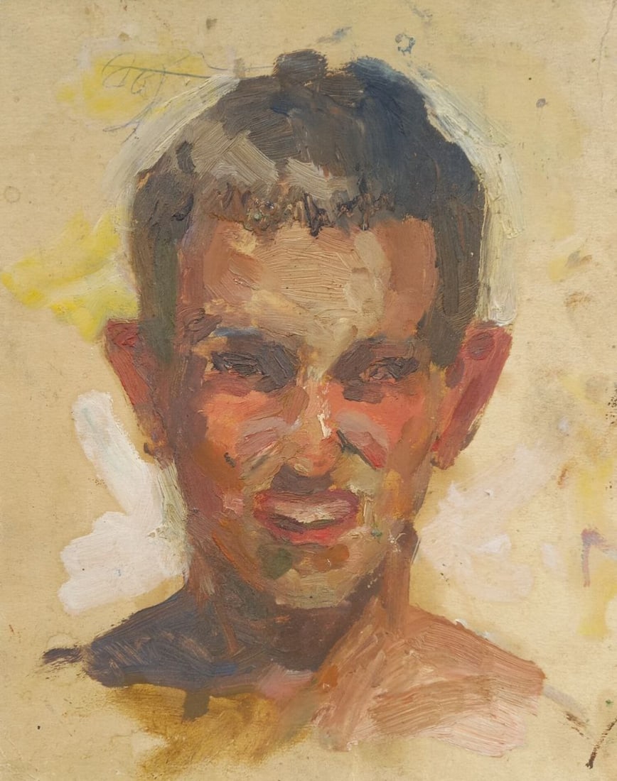 Oil painting Portrait of a friend Alex Ditriev: Title: Oil painting Portrait of a friend Alex Ditriev Description: 592AD Painter: Alex Ditriev S?ze:30x25 cm/ 11.81x9.84 inches Components: oil, cardboard Original painting from our collection ERA: Sh