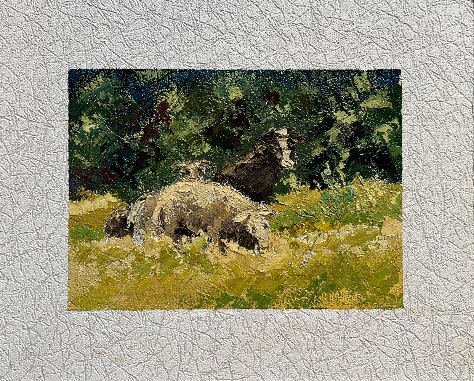 Oil painting Sheep K. Leonid: Title: Oil painting Sheep K. Leonid Description: 580KK Painter: K. Leonid S?ze: 40x50 cm/ 15.74x19.68 inches Components: oil, vinyl, fiberboard Original painting CONDITION: exellent ERA:2019 ARTIST: B
