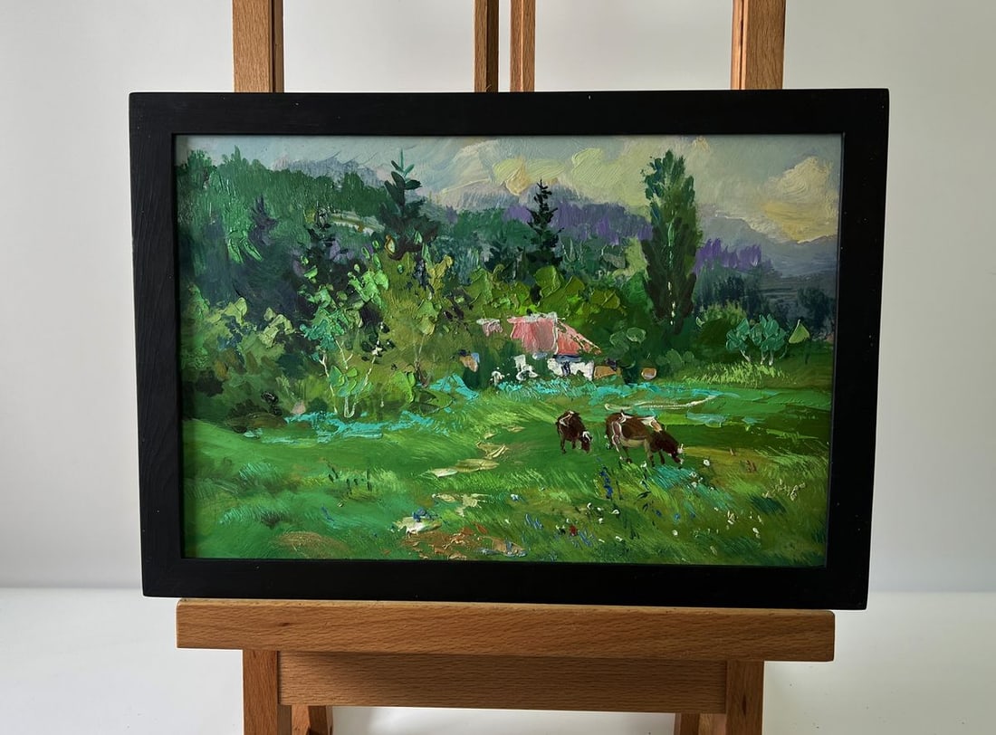 Oil painting Forest house Yuriy Suprunchuk: Title: Oil painting Forest house Yuriy Suprunchuk Description: AAA5768The Oil painting Cardboard titled "Forest house" conveys a sense of quiet harmony between human habitation and the raw, untamed be