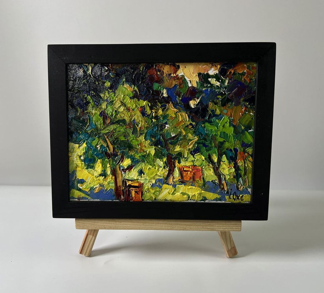 Oil painting Apiary in the forest Oksana Ivanyuk: Title: Oil painting Apiary in the forest Oksana Ivanyuk Description: AAA5798The Oil painting Canvas titled "Apiary in the forest" is an exuberant and textured exploration of nature, where bold impasto