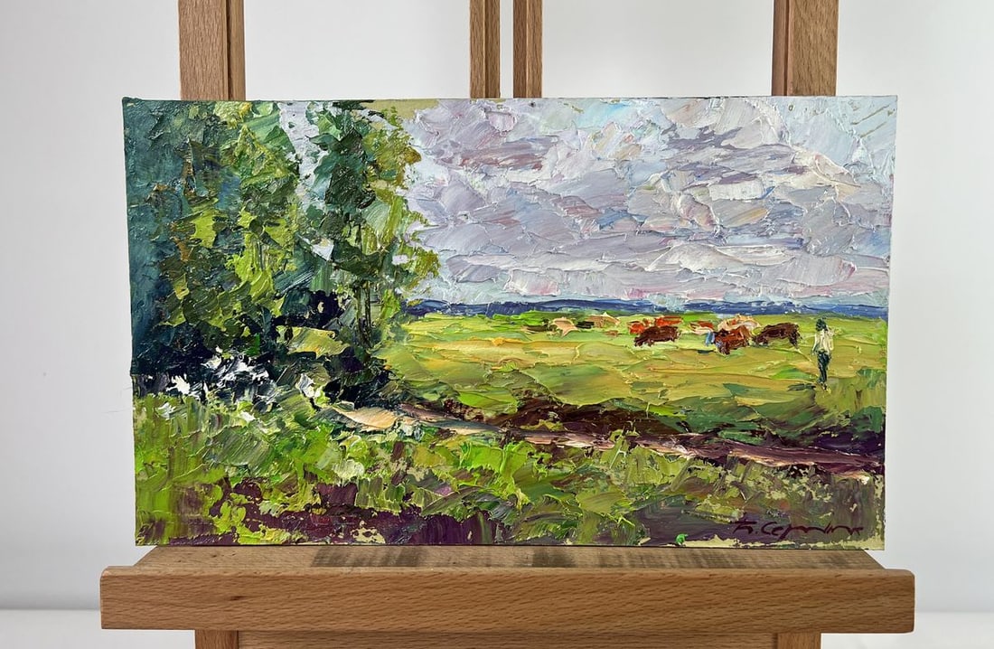 Oil painting Summer morning on the pasture Boris Serdyuk: Title: Oil painting Summer morning on the pasture Boris Serdyuk Description: AAA4762The oil painting on Cardboard titled "Summer morning on the pasture" captures the serene beauty of a pastoral scene 