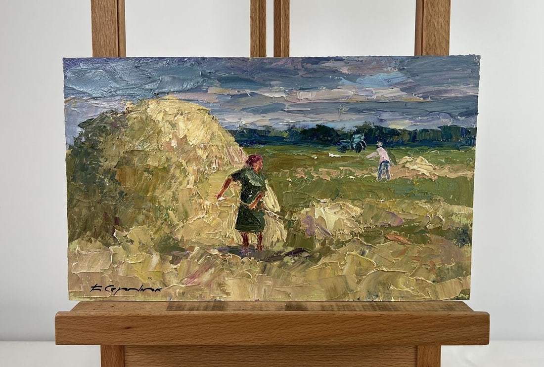 Oil painting Working in the field under a blue clear sky Boris Serdyuk: Title: Oil painting Working in the field under a blue clear sky Boris Serdyuk Description: AAA4767The oil painting on Cardboard titled "Working in the field under a blue clear sky" captures the