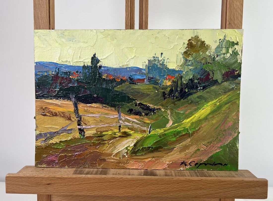 Oil painting Where the forest touches the mountains Boris Serdyuk: Title: Oil painting Where the forest touches the mountains Boris Serdyuk Description: AAA4778The oil painting on Cardboard titled "Where the Forest Touches the Mountains" captures the serene, timeless