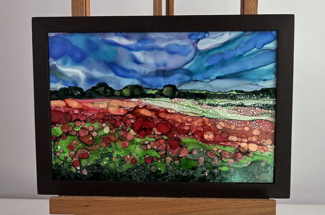 Ink painting Native spaces Olga Ponomaryova: Title: Ink painting Native spaces Olga Ponomaryova Description: AAA5004The ink painting on hardboard titled "Native spaces" is a vibrant, emotionally rich tribute to the landscape that feels deeply pe