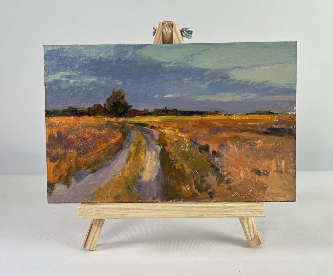 Oil painting The long way home Sergey Polyakov: Title: Oil painting The long way home Sergey Polyakov Description: AAA5050The oil painting on Cardboard titled "The Long Way Home" captures the quiet, reflective mood of an evening landscape, where