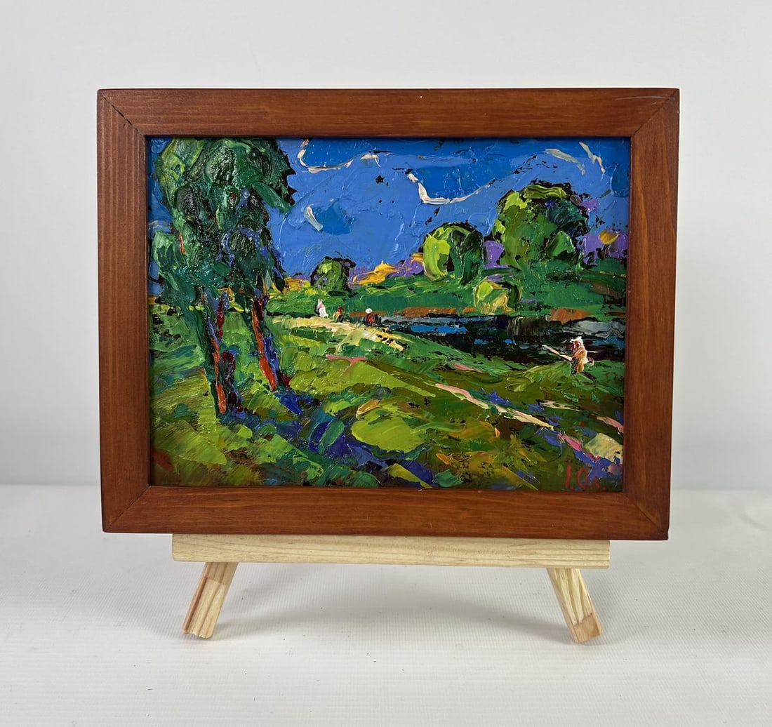 Oil painting Sky through green branches Alex Kalenyuk: Title: Oil painting Sky through green branches Alex Kalenyuk Description: AAA5129The oil painting on Cardboard titled "Sky through green branches" is a luminous celebration of nature's vitality, captu