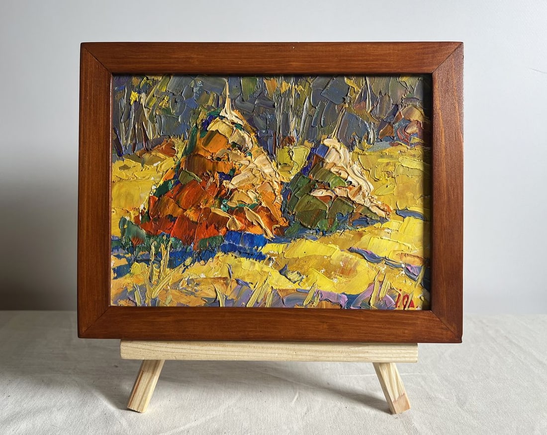 Oil painting In a sunny field Alex Kalenyuk: Title: Oil painting In a sunny field Alex Kalenyuk Description: AAA3847This oil painting cardboard, titled "In a sunny field", the artist uses bold, textured strokes and a rich impasto technique to br