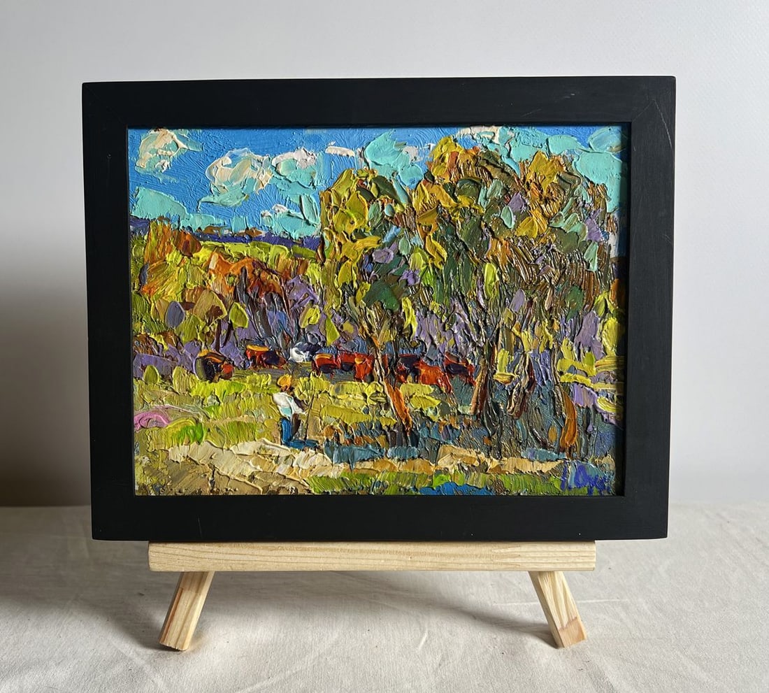 Oil painting Hot day in the field Oksana Kalenyuk: Title: Oil painting Hot day in the field Oksana Kalenyuk Description: AAA3851This oil painting cardboard, titled "Hot day in the field", the painting radiates energy, evoking the feeling of a swelteri