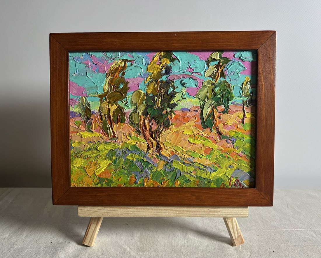 Oil painting Rustle of poplar trees Alex Kalenyuk: Title: Oil painting Rustle of poplar trees Alex Kalenyuk Description: AAA3890This oil painting cardboard, titled "Rustle of poplar trees", the artist uses a bold impasto technique, applying thick laye