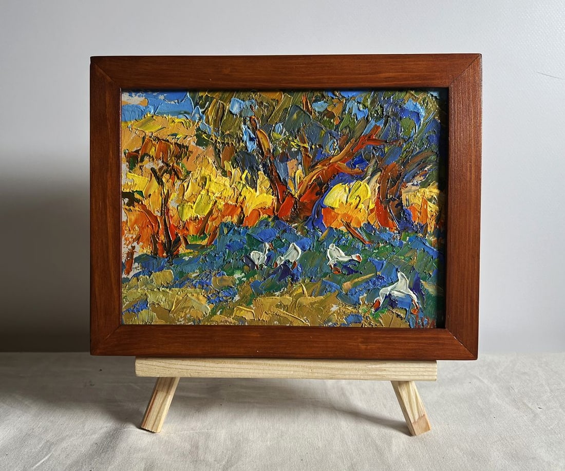 Oil painting In the shade of the willow Alex Kalenyuk: Title: Oil painting In the shade of the willow Alex Kalenyuk Description: AAA3908This oil painting cardboard, titled "In the shade of the willow", the artist employs rich, textured brushstrokes and a 