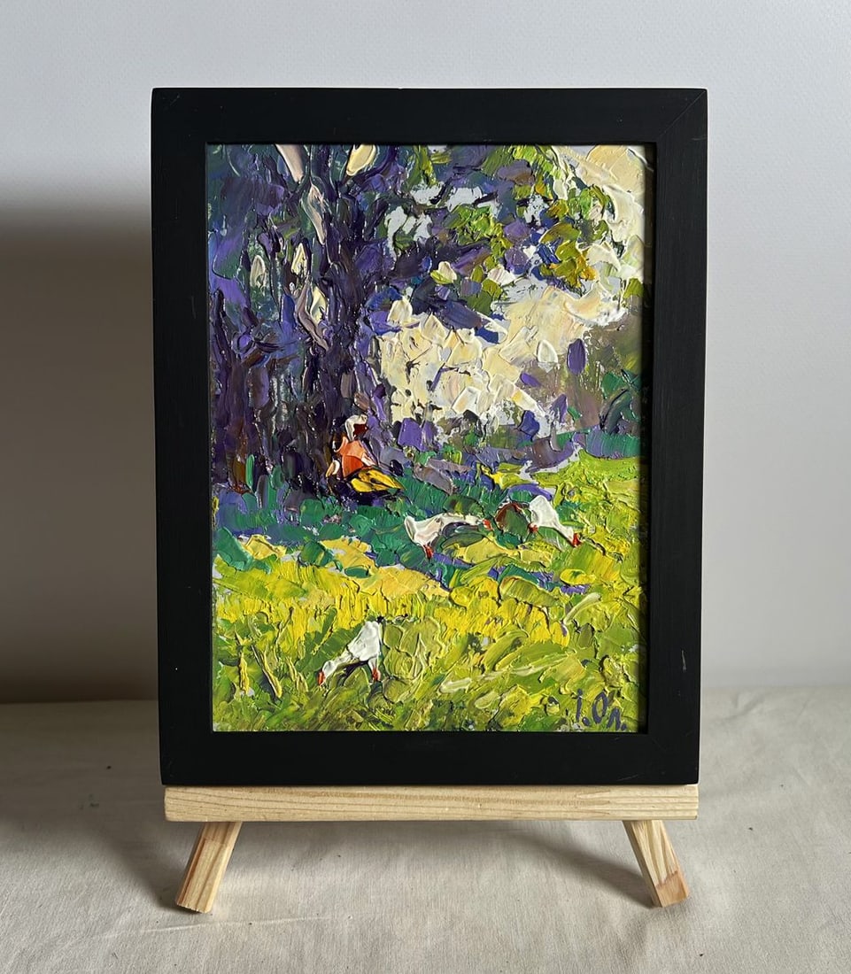 Oil painting Relaxing in the meadow Alex Kalenyuk: Title: Oil painting Relaxing in the meadow Alex Kalenyuk Description: AAA3940This oil painting cardboard, titled "Relaxing in the meadow", the composition is beautifully balanced, with a lush green me