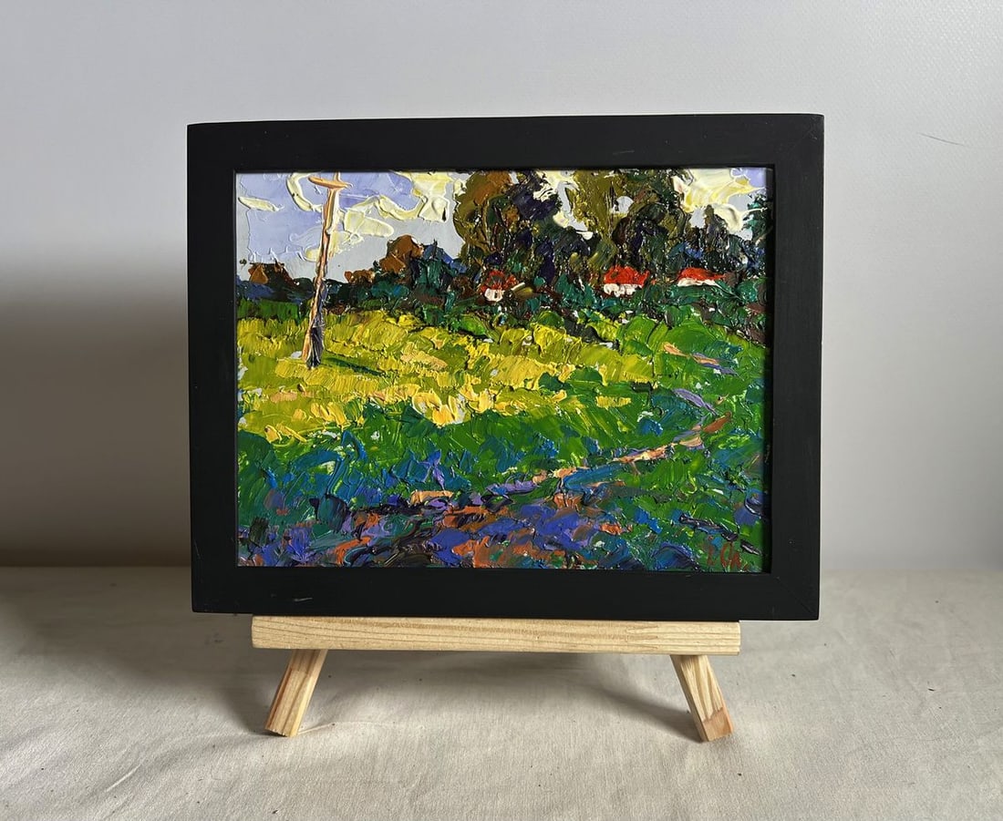 Oil painting Yellow fields near the village Alex Kalenyuk: Title: Oil painting Yellow fields near the village Alex Kalenyuk Description: AAA3971This oil painting cardboard, titled "Yellow fields near the village", the artist employs an expressive impasto tech