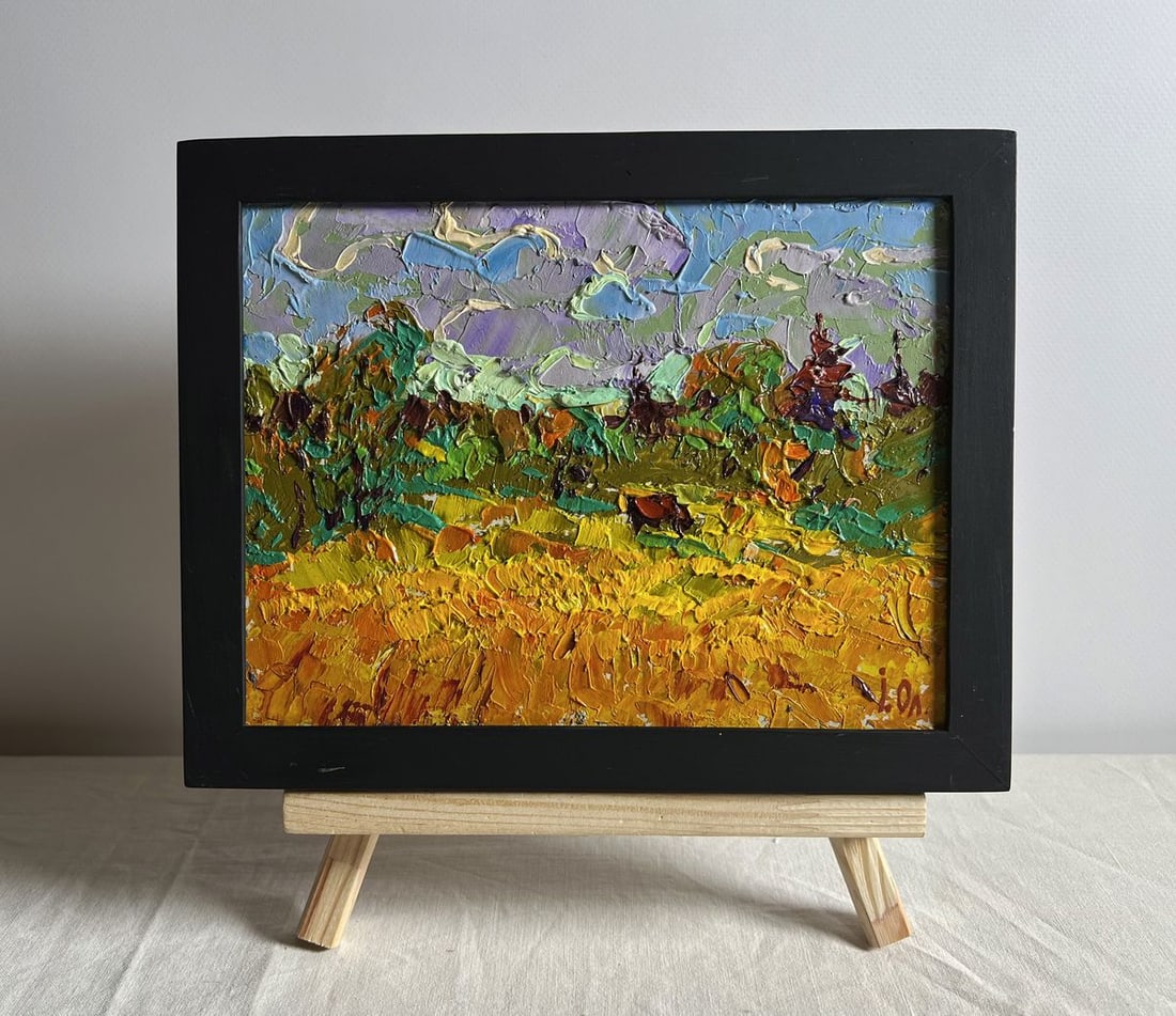 Oil painting Field and forests Alex Kalenyuk: Title: Oil painting Field and forests Alex Kalenyuk Description: AAA3985This oil painting cardboard, titled "Field and forests", the artist employs an expressive impasto technique, layering thick
