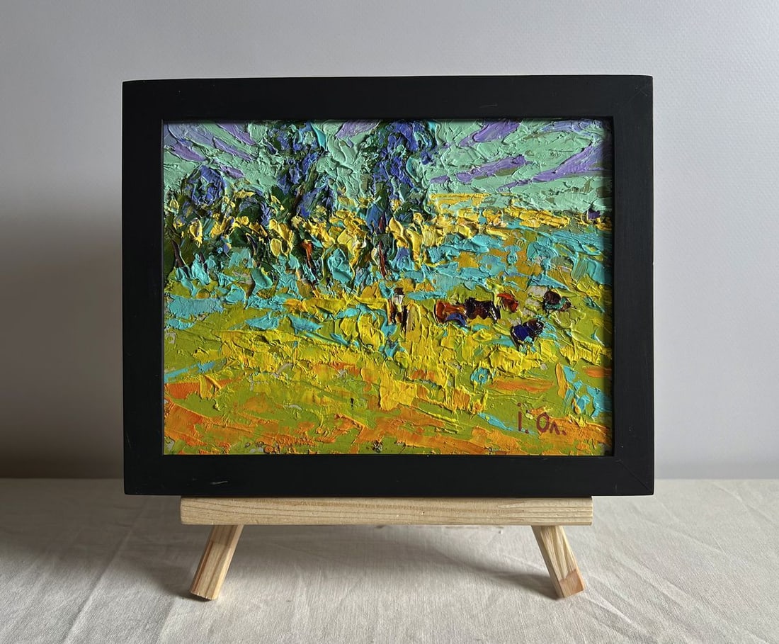 Oil painting In the spring meadows Alex Kalenyuk: Title: Oil painting In the spring meadows Alex Kalenyuk Description: AAA3986This oil painting cardboard, titled "In the spring meadows", the artist uses an expressive impasto technique, layering thick