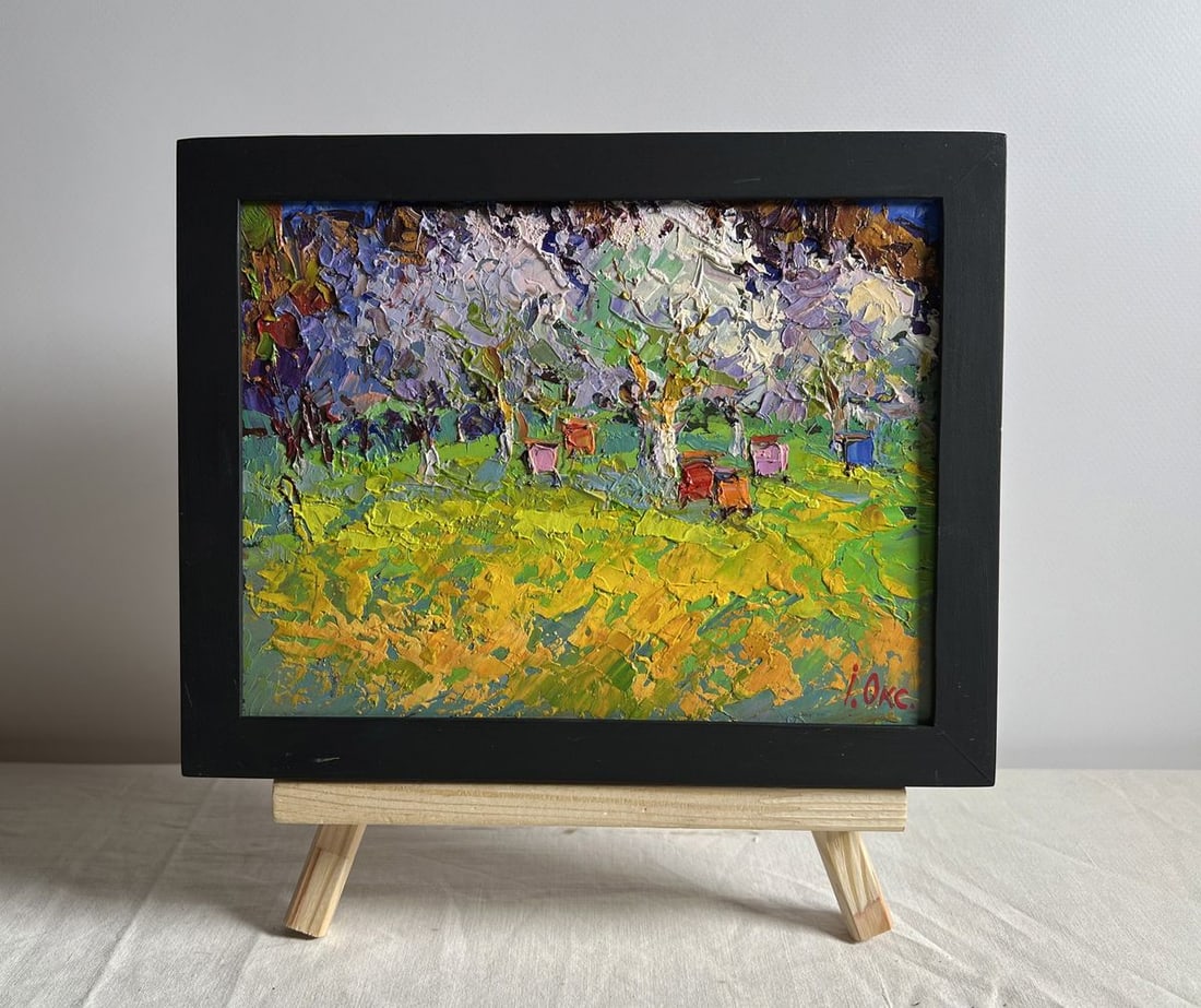 Oil painting Spring apiary Oksana Kalenyuk: Title: Oil painting Spring apiary Oksana Kalenyuk Description: AAA4002This oil painting cardboard, titled "Spring apiary", the combination of bright yellows, soft whites, lush greens, and delicate pin