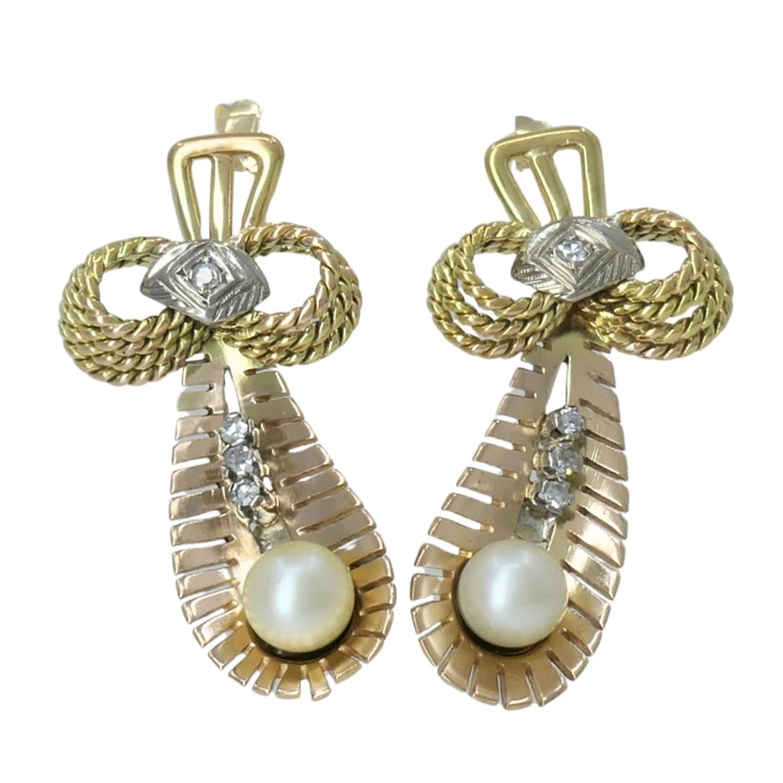 RETRO 14k Tri Color Gold, Diamond & Pearl Earrings Circa 1940s (1 of 4)