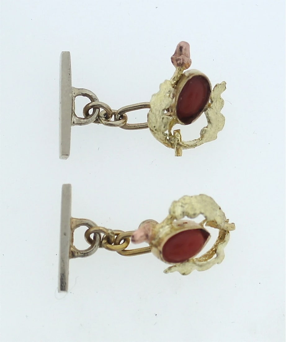 C.1900 14K YELLOW & ROSE GOLD CORAL CUFFLINKS MEN'S JEWELRY CUFF LINKS - 6