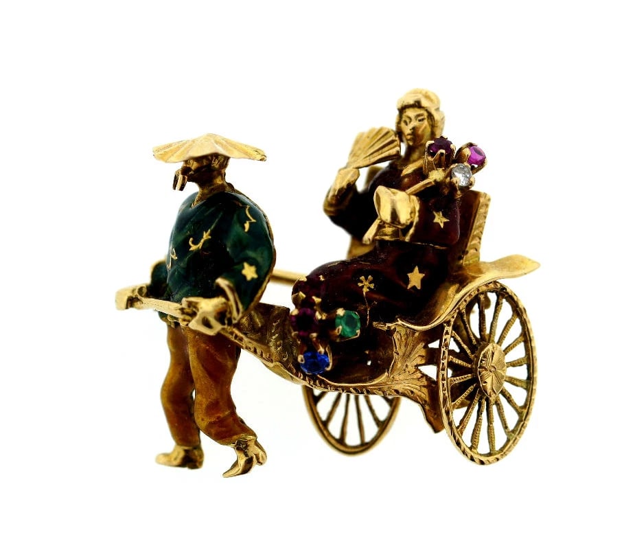 18K 750 YELLOW GOLD ENAMEL RIKSHA BROOCH PIN STAMPED RUBY SAPPHIRE DIAMOND: Title: 18K 750 YELLOW GOLD ENAMEL RIKSHA BROOCH PIN STAMPED RUBY SAPPHIRE DIAMOND Description: N-JAOO RIKSHA BROOCH/PIN ENAMEL 18K YELLOW GOLD STAMPED RUBY, EMERALD, DIAMOND, SAPPHIRE UNIQUE MEASURES 