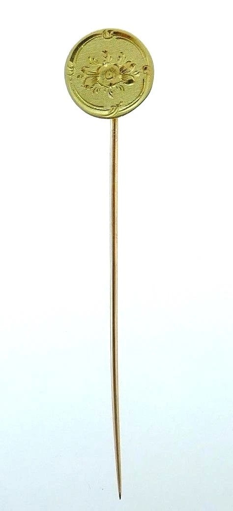 Antique 10k Yellow Gold Hand Engraved Pin: Title: Antique 10k Yellow Gold Hand Engraved Pin Description: NS JT0 Antique 10k yellow gold hand engraved pin Measurements: 1/16" W x 2 1/2 " L, top part diameter is 7/17 Weight is 0.9 grams In