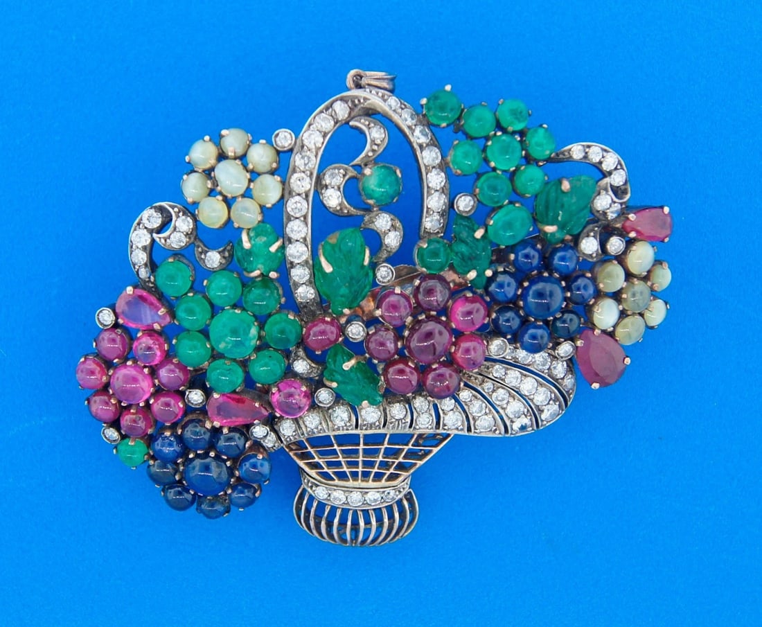 Art Deco TUTTI-FRUTTI PENDANT PIN BROOCH DIAMOND GEMSTONE SILVER GOLD 1910s Fab: Title: Art Deco TUTTI-FRUTTI PENDANT PIN BROOCH DIAMOND GEMSTONE SILVER GOLD 1910s Fab Description: 191 S. Beverly Dr. Beverly Hills, CA 90212 V TTOO Art Deco 1910s, Diamond Colored Gem Stones Silver 