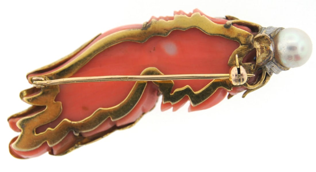 CHIC Retro 14k Gold, Diamond, Sapphire, Coral & Pearl Pin Circa 1960! - 4