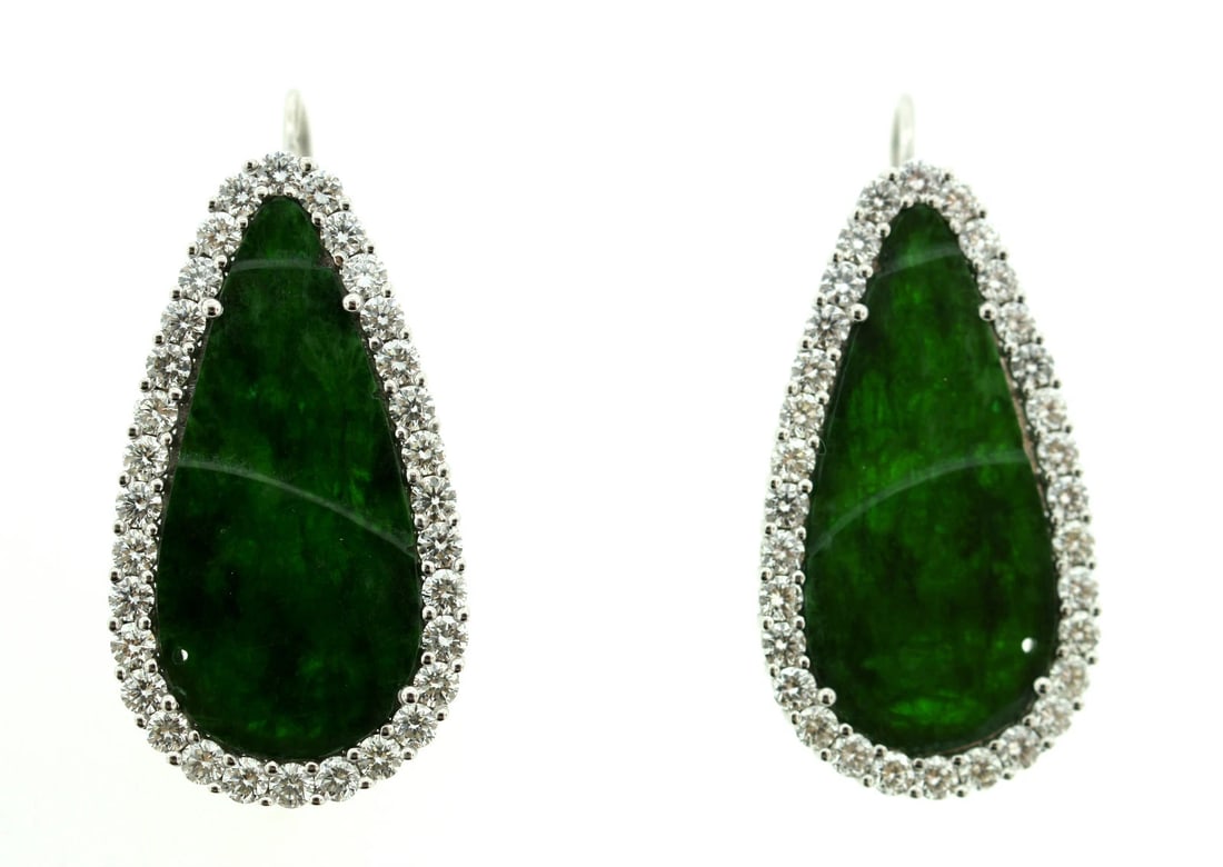 STUNNING IMPERIAL QUALITY JADE DIAMOND 18K 750 WHITE GOLD EARRINGS 2.50CTS: Title: STUNNING IMPERIAL QUALITY JADE DIAMOND 18K 750 WHITE GOLD EARRINGS 2.50CTS Description: N-NTOO STUNNING GORGEOUS UNIQUE RARE C.1980 IMPERIAL QUALITY JADE DIAMOND 18K 750 WHITE GOLD LARGE