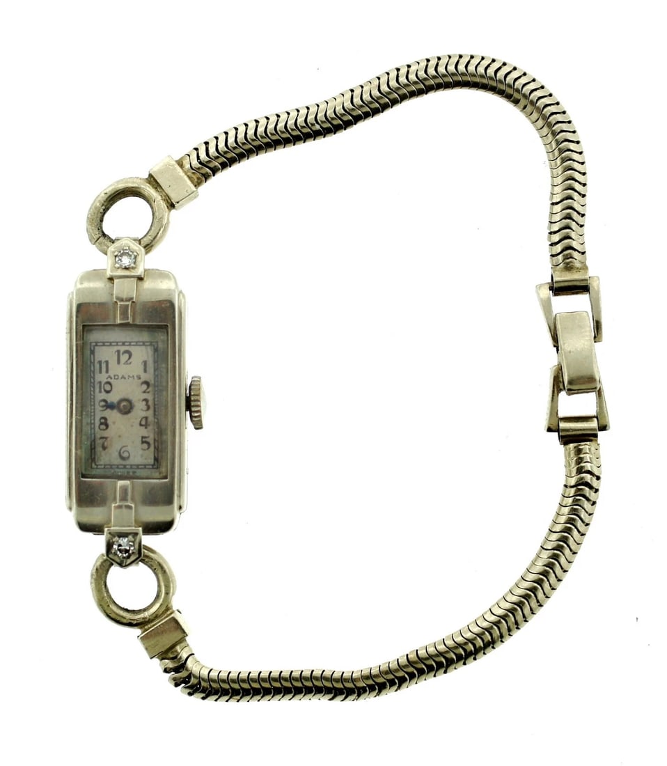 LOVELY Adams 14k White Gold & Diamond Chain Watch Circa 1930!: Title: LOVELY Adams 14k White Gold & Diamond Chain Watch Circa 1930! Description: s DK Adams 14k White Gold & Diamond Watch! This wonderful watch is one of a kind! The weight is 12.8 grams. The two