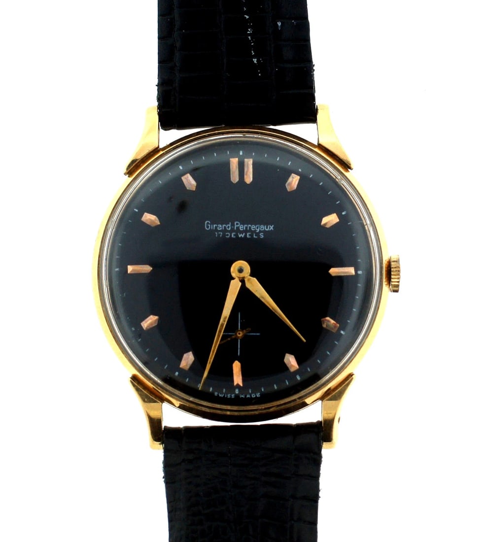 GIRARD PERREGAUX 17 JEWELS SWISS MADE WATCH BLACK FACE LEATHER STRAP C1970 GOLD: Title: GIRARD PERREGAUX 17 JEWELS SWISS MADE WATCH BLACK FACE LEATHER STRAP C1970 GOLD Description: N-GTO GIRARD PERREGAUX 17 JEWELS SWISS MADE LEATHER STRAP BLACK FACE 14K YELLOW GOLD C.1970 VINTAGE