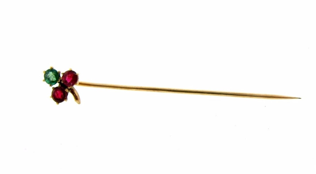 VINTAGE 14K YELLOW GOLD RUBY EMERALD FLOWER STICK PIN: Title: VINTAGE 14K YELLOW GOLD RUBY EMERALD FLOWER STICK PIN Description: N-JGT CHIC UNIQUE 14K YELLOW GOLD RUBY & EMERALD STICK PIN GORGEOUS Measures 2 1/4'' Weight - 1.3 g DIAMETER FLOWER 1/4'' The