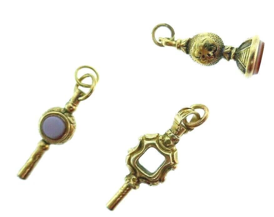 ANTIQUE 14k YG, Carnelian & Bloodstone Pocket Watch Key Winder Set of 3 C. 1900s - 2