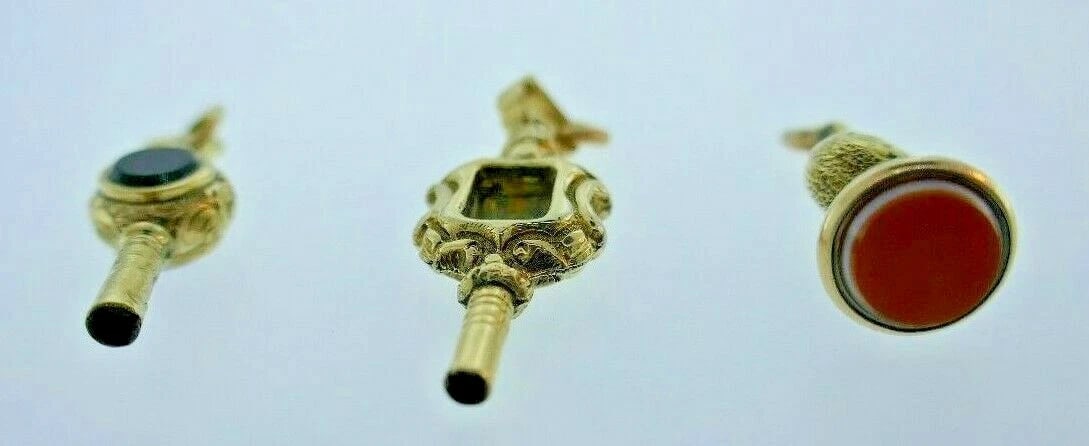 ANTIQUE 14k YG, Carnelian & Bloodstone Pocket Watch Key Winder Set of 3 C. 1900s - 3