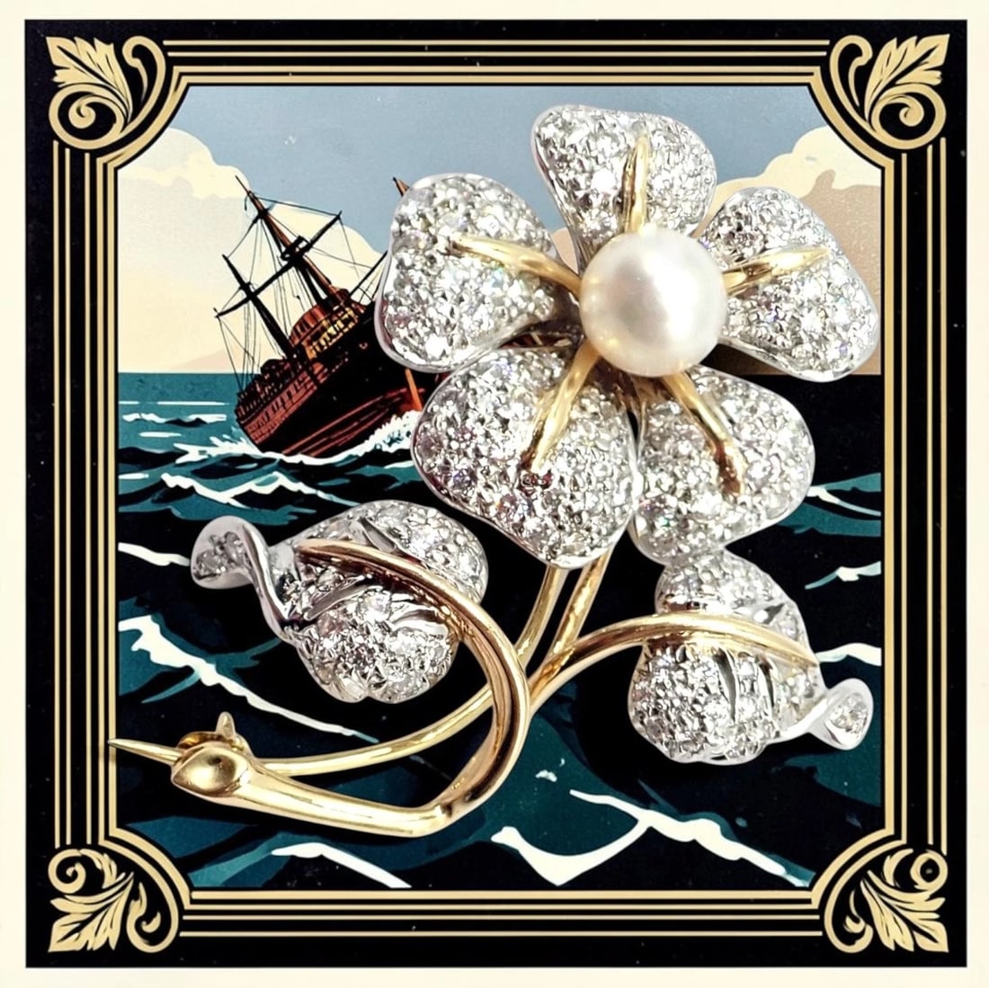 Vintage! Tiffany & Co 18k Yellow Gold Platinum Diamond Pearl Pin Brooch - 2